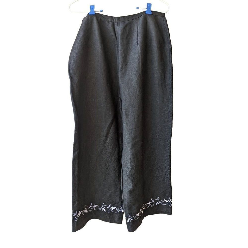 Sandro Sport Women's Black Embroidered Hem Linen Blend Pants Size 12